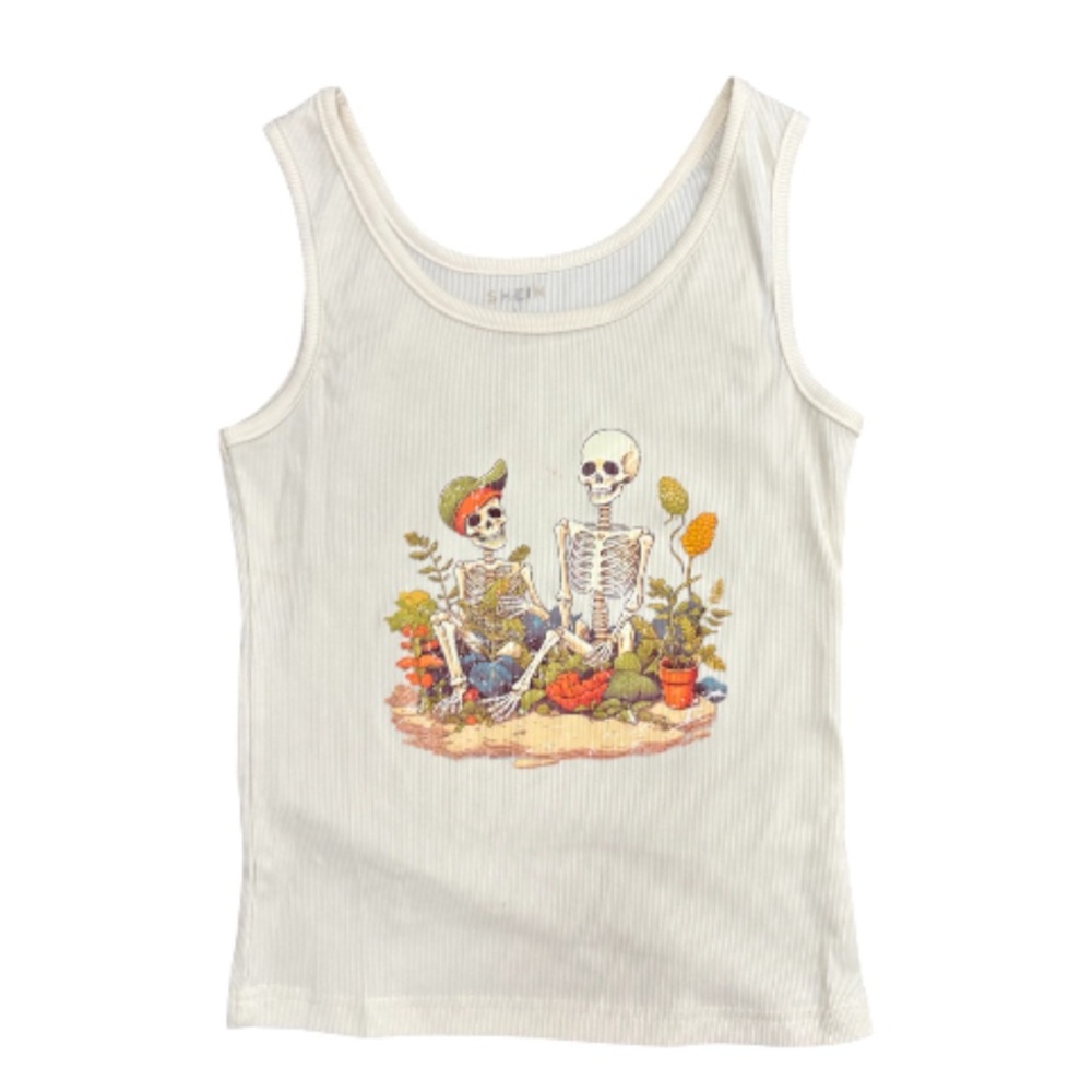 SHEIN Cream ribbed Dead Head Skeleton Tank Top